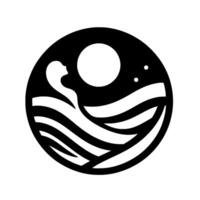 Minimalist Black and White Illustration of a Celestial Ocean Scene Within a Circle, Featuring Waves, Moon, and Stars. vector