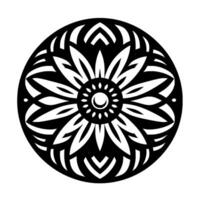 Intricate monochrome floral mandala design, a symmetrical artwork with layered petallike patterns, a central circular element and a contrasted black and white aesthetic. vector