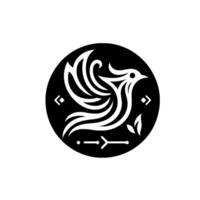 Intricate Black and White Circle Logo A stylized dove soars within a circular frame, adorned with minimalist symbols, creating a modern emblem. vector