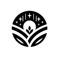 A minimalist circular featuring a stylized leaf, celestial elements, and curved lines resembling fields or waves, set against a white background. vector