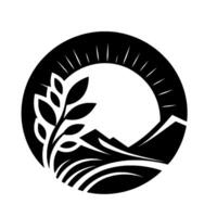 Abstracted black and white emblem showcasing a stylized landscape within a circle, featuring mountains, sun rays, and a wheat branch. vector