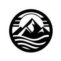 A minimalist black and white circular depicting mountains, sun, and waves, symbolizing adventure, nature, and exploration. vector