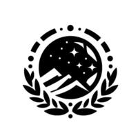 A stylized black and white emblem depicting a night sky over mountain peaks within a circular frame, encircled by laurel leaves and dotted borders. vector