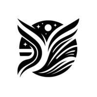 Abstract black and white featuring stylized wings, a crescent shape, and stars within a circular frame, evoking a sense of flight and celestial elements. vector