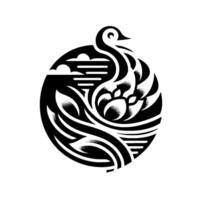Intricate black and white circular illustration of a swan with stylized feathers, water, and clouds, set against a clean white background. vector