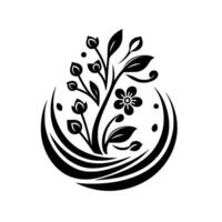 Elegant Black and White Floral Illustration A stylized floral arrangement of blossoms, leaves, and buds enclosed within a curved decorative element, creating a balanced, minimalist design. vector