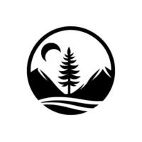 A stylized, circular emblem depicting a mountain range, pine tree, and crescent moon silhouette in black on white, embodying nature and tranquility. vector