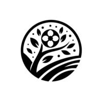 Elegant black and white emblem featuring a stylized tree, a fourpetaled flower at the top, and a curved ground line, all within a circle. vector