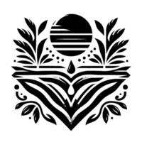 Abstract monochrome emblem featuring stylized sun, foliage, water droplet, and geometric patterns, creating a symmetrical design. vector