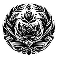 Intricate Black and White Floral Mandala Symbolic Composition with a central blooming lotus, surrounded by stylized leaves, radiating symmetry, and a droplet motif. vector