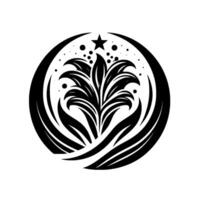 A symmetrical black and white floral emblem enclosed in a circular frame with a star and dots, evoking nature and elegance. vector