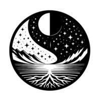 YinYang Cosmic Harmony Black and white circular featuring a celestial landscape with mountains, stars, moon and tree roots, symbolizing balance. vector