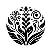 Intricate Black and White Floral Mandala, featuring stylized leaves, blossoms, and a spiral within a circular frame on a clean white backdrop. vector