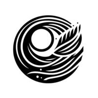 A minimalist black and white design, a stylized circular composition featuring concentric lines, a central void, and a leaflike element, on a pure white background. vector