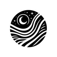 Celestial Nightscape A minimalist circular showcasing a crescent moon, stars, and stylized wave patterns, rendered in bold black and white. vector