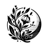 Elegant Floral Emblem A symmetrical black and white illustration showcasing a stylized flower and foliage enclosed within a partial circle, conveying a sense of grace and natural harmony. vector