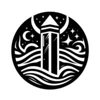 Mystical black and white illustration depicting a lighthouse surrounded by waves, crescent moons, and stars, all contained within a circular frame. vector