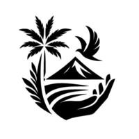 A stylized black and white of a mountain range, a palm tree, a bird in flight, held in a cupped hand. vector
