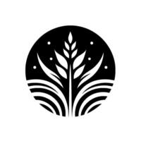 Abstract black and white circular with stylized wheatlike plant design, featuring a symmetrical composition, and starry dots. vector