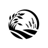 Monochromatic agricultural emblem features stylized wheat and barley, enclosed within a circular frame of fields and foliage. vector