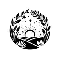 Celestial Sunrise Black and White Circular Depicting a Sun, Fields, Flowers, and Foliage, Embraced by a NatureInspired Border. vector