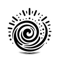 Abstract black and white spiral art, encircled by stylized rays and dots, evoking energy and movement. vector