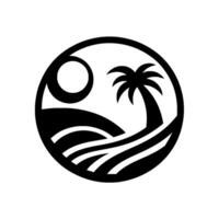 Monochromatic Island Scene Palm Tree, Sun, and Rolling Waves Enclosed in a Circular Frame. vector