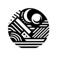 Abstract Geometric Black and White Composition A stylized circle depicting celestial bodies amidst linear and curved forms, creating a dynamic interplay of light and shadow. vector