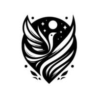A stylized, black and white emblem featuring a bird in flight against a starry night sky within an abstract, shieldlike frame, with a minimalist aesthetic. vector