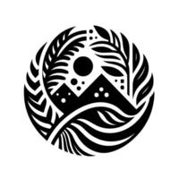 A monochrome, stylized, circular illustration depicts a mountain scene with a sun, leaves and flowing lines. Elegant natureinspired design. vector