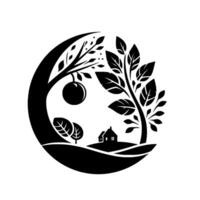 Circular Silhouette of a Scenic Farm Featuring a Black and White Illustration of a House, Trees, and an Apple, Evoking a Sense of Tranquility and Natures Harmony. vector