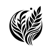 A stylized, minimalist, black and white botanical featuring symmetrical leaf arrangements within a circular frame with a central dot. vector