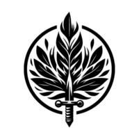 A stylized emblem featuring a central sword piercing a stylized leaflike design, encased in a black circle on a white background. vector
