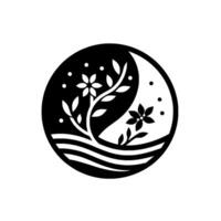 YinYang styled black and white botanical design, featuring a floral tree in a moon shape. The balance represents night and day. vector