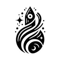 A stylized black and white emblem of a rocket ship ascending within a swirling, teardropshaped design, surrounded by stars and cosmic dots, evoking movement and wonder. vector