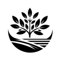 Black and white minimalist depicts a stylized tree with leaves, emerging from a crescent and abstracted landscape. vector