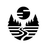 Stylized Black and White Nature Icon Trees, Winding Path, Sun, and Horizontal Lines in a Circular Composition on White. vector