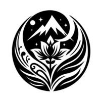 A symmetrical black and white featuring a lotus flower, mountains, moon, stars, and ornamental patterns within a circular frame. vector