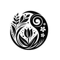 YinYang stylized floral emblem featuring a tulip, leaves, a swirl, and small flowers in a black and white symmetrical arrangement. vector