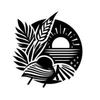 A stylized, monochrome featuring a sunset over a field with a bird and wheat stalks, celebrating natures beauty. vector