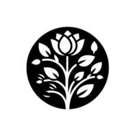 Monochromatic Floral Illustration A stylized black and white featuring a flower and leaves enclosed within a circular frame, against a textured background. vector