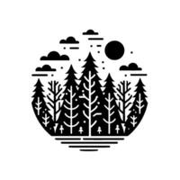 A stylized minimalist black and white illustration of a forest scene enclosed within a circle, featuring trees, clouds, and a moon. vector