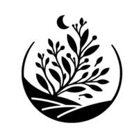 Silhouette of a stylized botanical scene within a circular frame, featuring a crescent moon, branches, leaves, and abstract landscape elements. vector