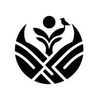 Black and White Circular Icon A Bird Perched on a stylized Plant, Enclosed by Curved Lines, Symbolizing Harmony, and Nature. vector