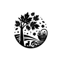 Black and White Illustration Serene Scene within an Oval Frame, Featuring a Tree, Dog, Basket, and Nature Elements. vector