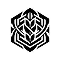 Black and White Geometric Design Hexagonal Shape with Abstract Wheatlike Pattern and Intricate Line Work on White Backdrop. vector