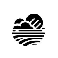 Stylized Monochrome Landscape Icon Sun with Rays, Clouds, and Rolling Hills in Silhouette, Set on White. vector