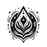 Intricate monochrome symmetrical illustration of a floral emblem with geometric shapes, dots, and radiating lines, evoking a sense of balance and harmony. vector