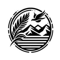 A minimalist emblem showcasing a soaring bird over mountain peaks, a sun, and a fern, contained within a decorative circular frame. vector