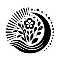 A stylized black and white illustration of a floral emblem, featuring a central flower, stylized leaves, and a crescent moon, surrounded by sun rays and dotted elements, all encased in a circular comp vector